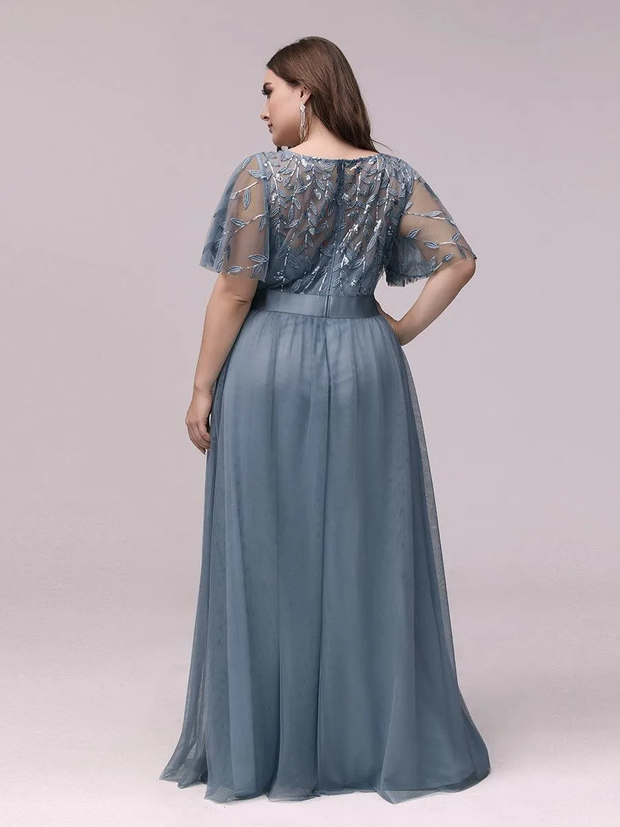 Robes de soirée brodées à manches courtes A-Line pour femmes