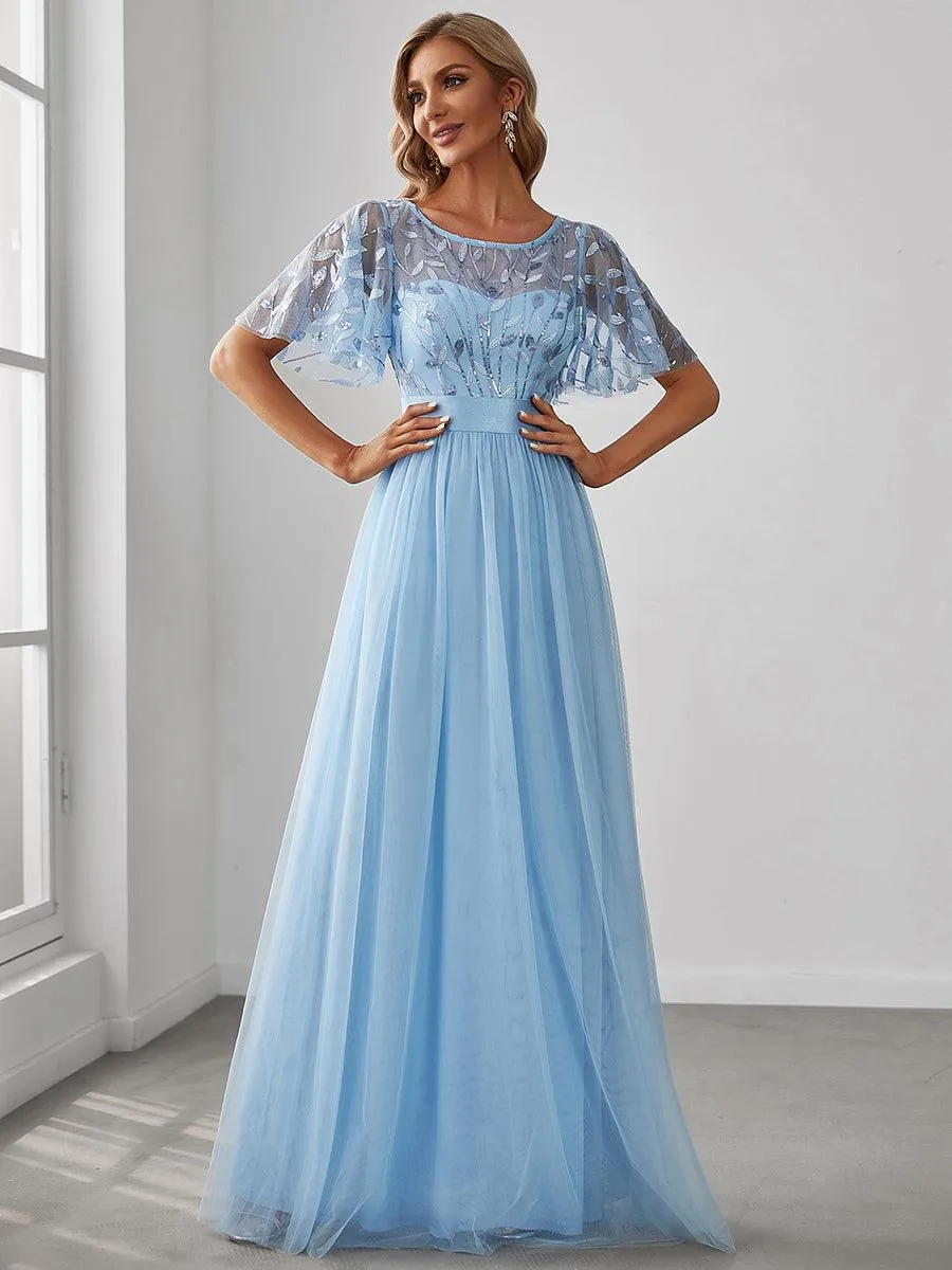 Robes de soirée brodées à manches courtes A-Line pour femmes