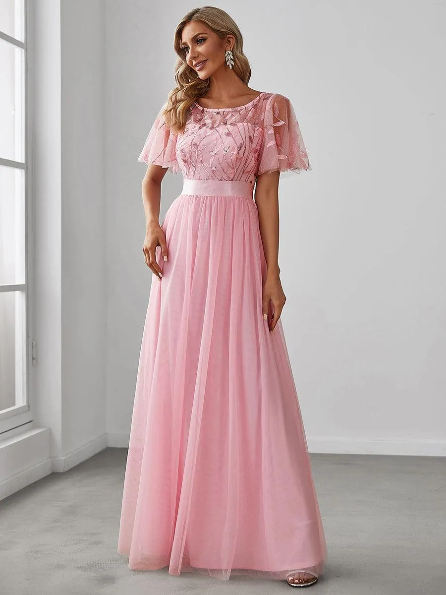 Robes de soirée brodées à manches courtes A-Line pour femmes