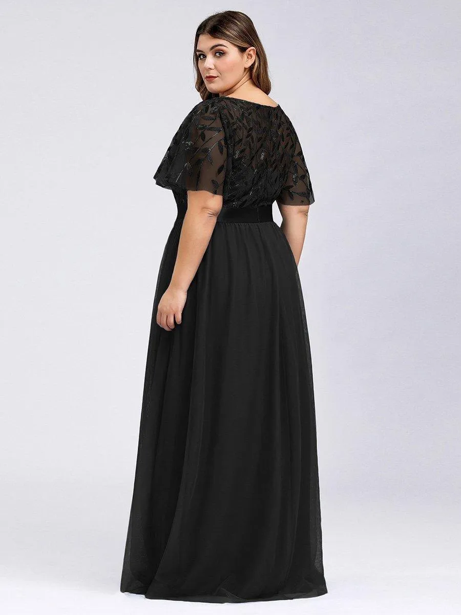 Robes de soirée brodées à manches courtes A-Line pour femmes