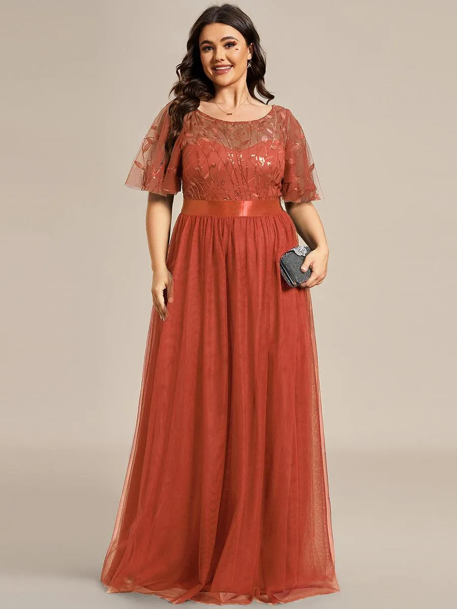 Robes de soirée brodées à manches courtes A-Line pour femmes