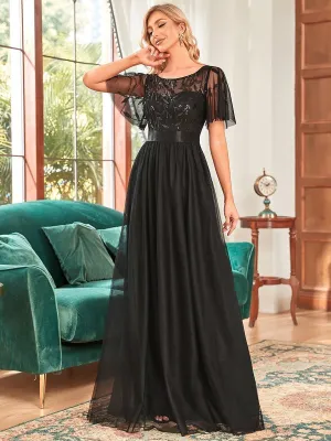 Robes de soirée brodées à manches courtes A-Line pour femmes