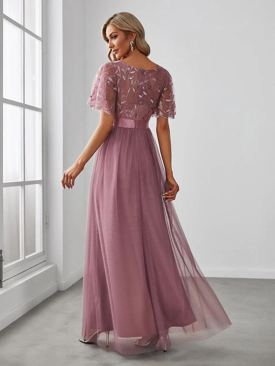 Robes de soirée brodées à manches courtes A-Line pour femmes