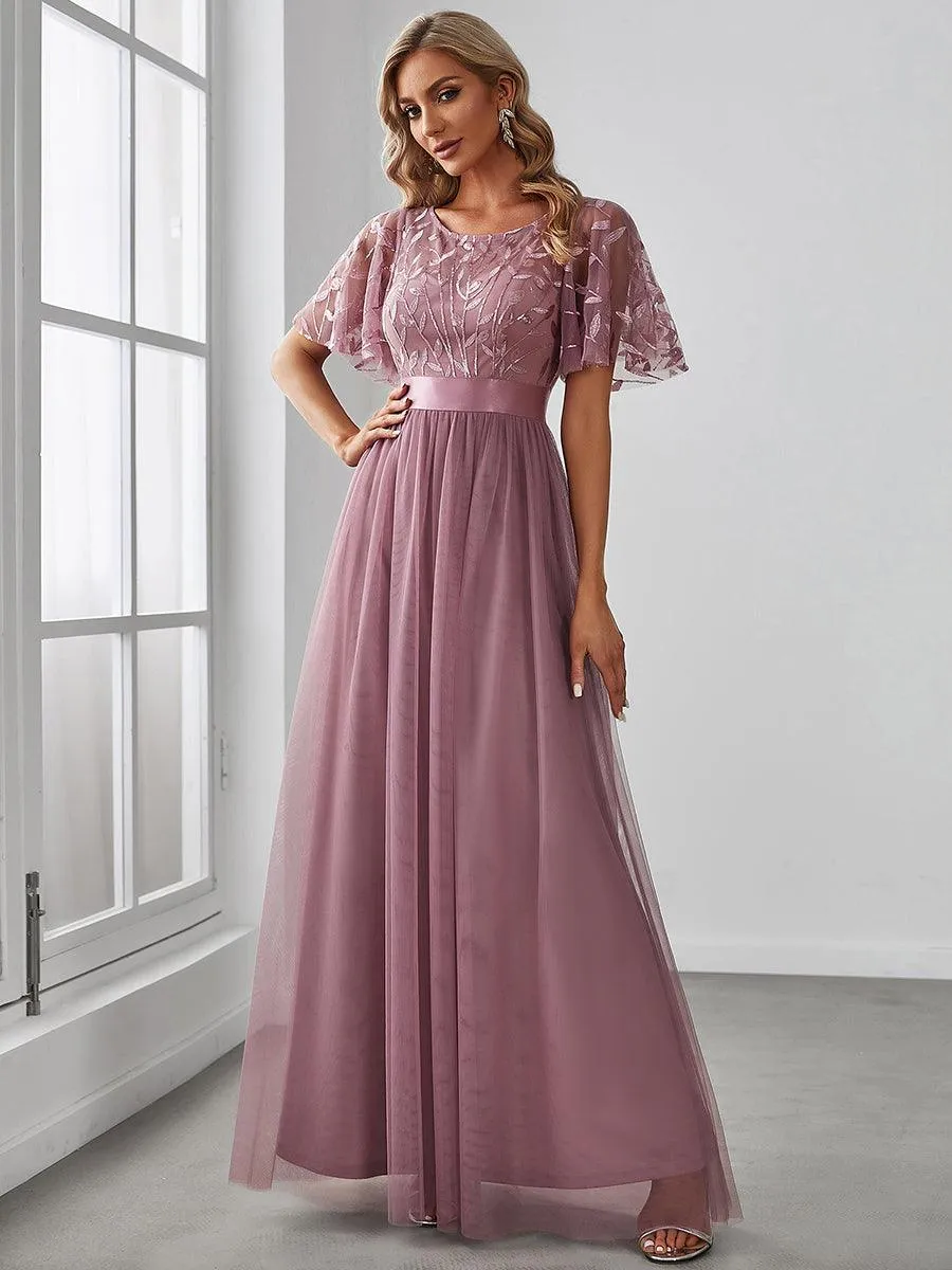 Robes de soirée brodées à manches courtes A-Line pour femmes