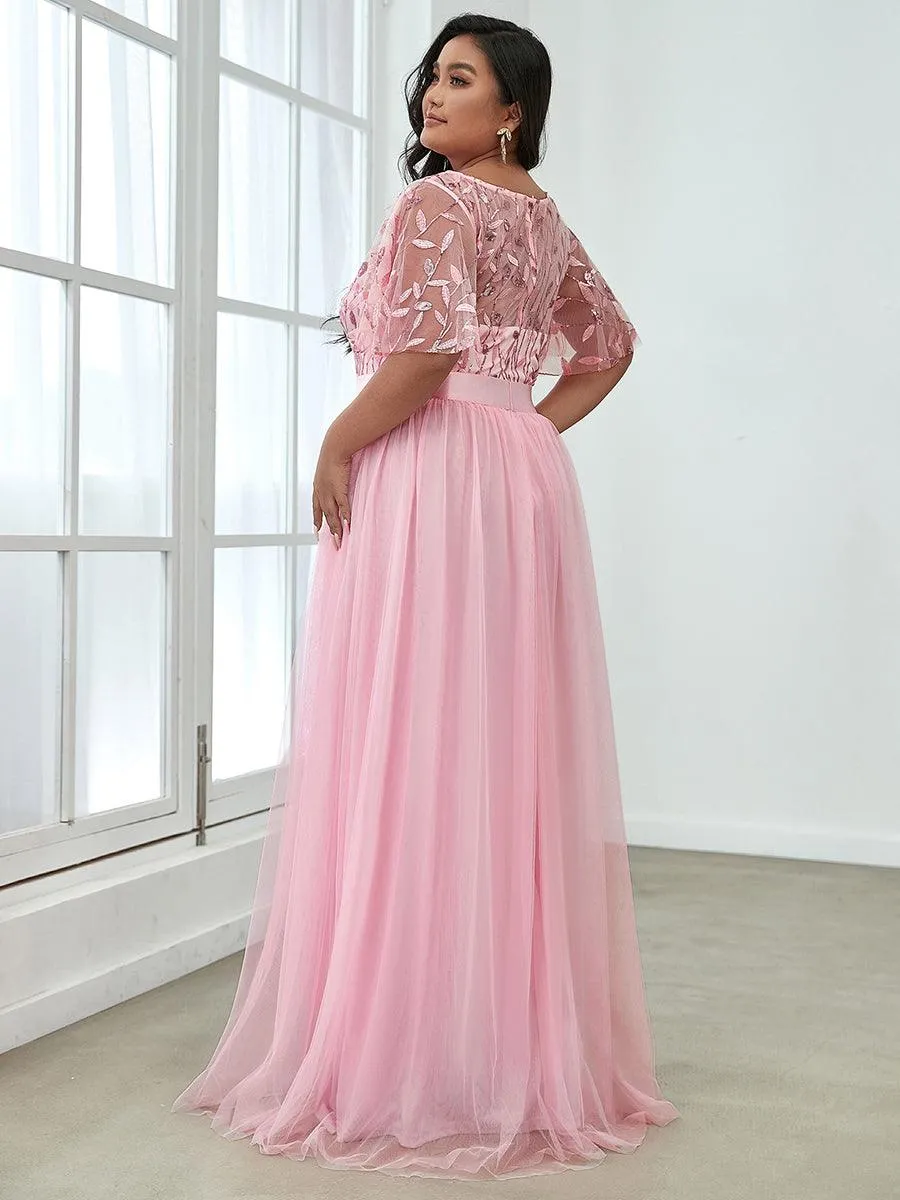 Robes de soirée brodées à manches courtes A-Line pour femmes