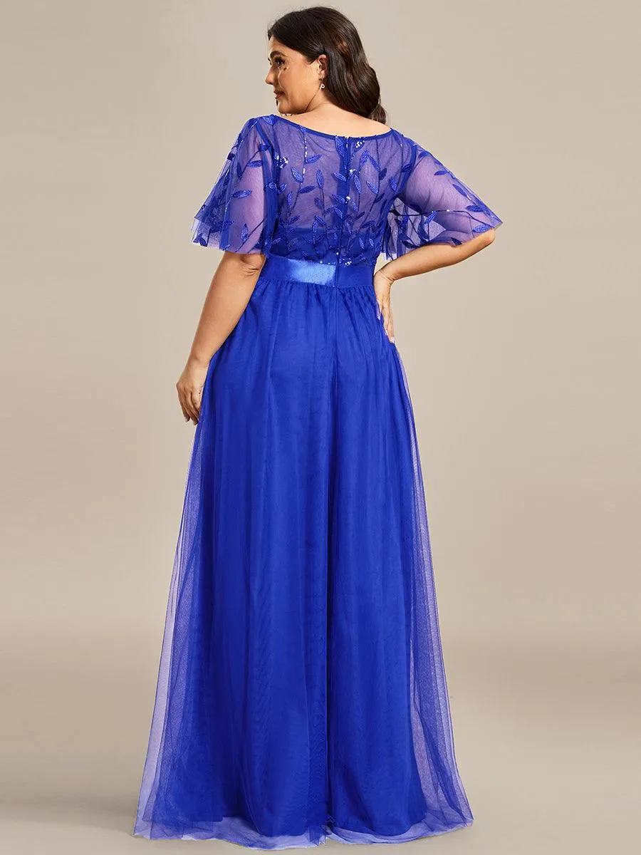 Robes de soirée brodées à manches courtes A-Line pour femmes