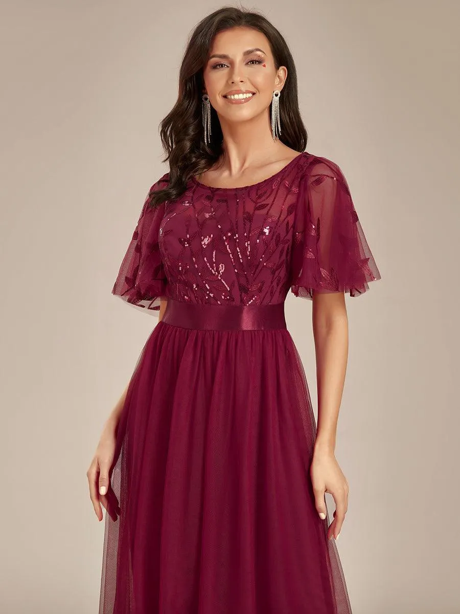 Robes de soirée brodées à manches courtes A-Line pour femmes