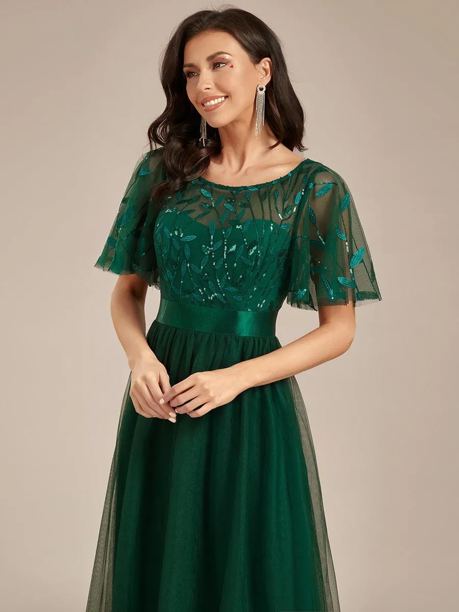 Robes de soirée brodées à manches courtes A-Line pour femmes