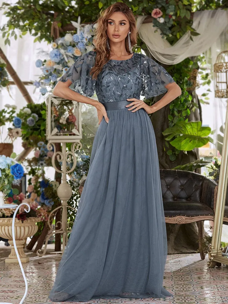 Robes de soirée brodées à manches courtes A-Line pour femmes