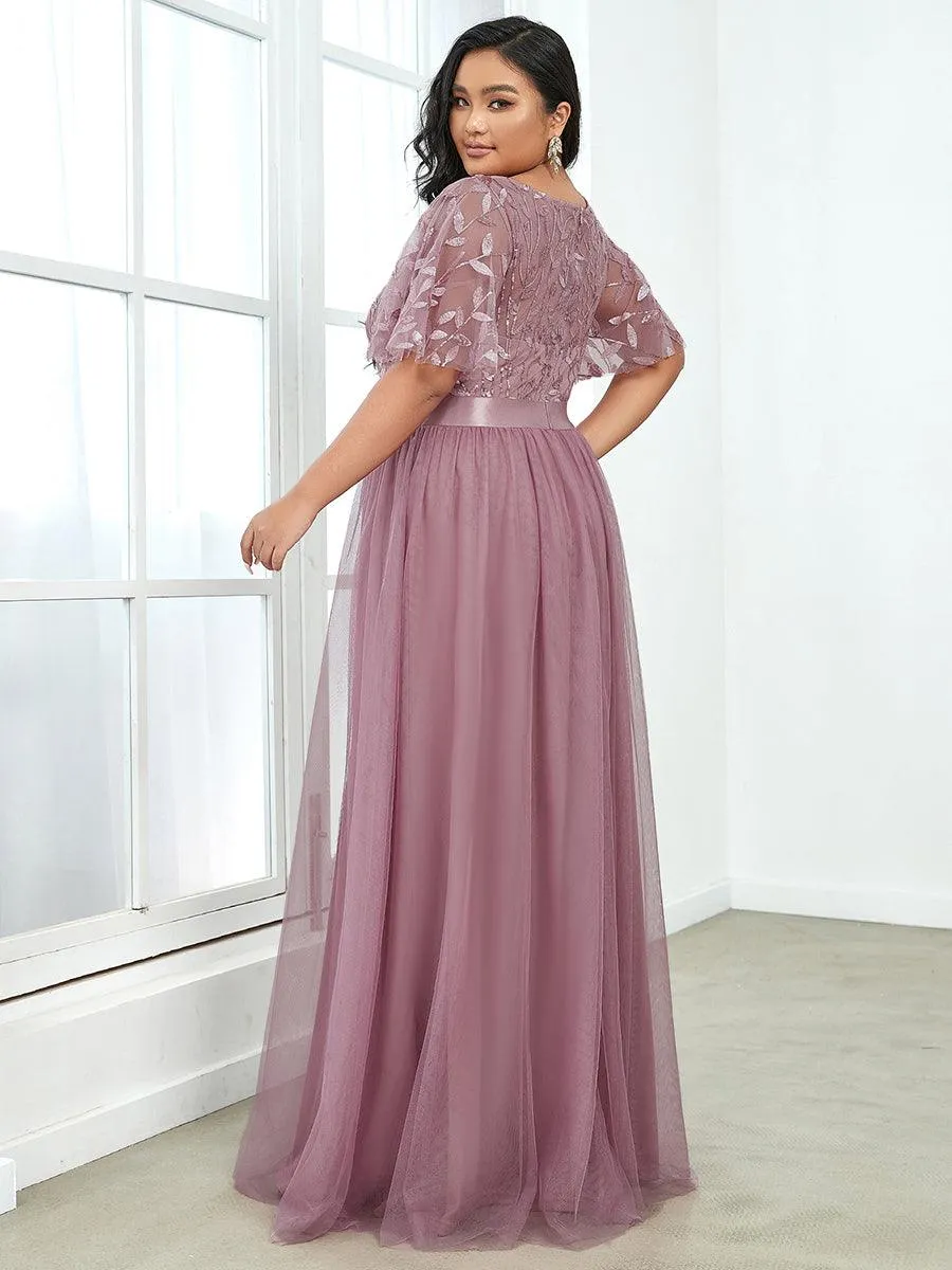 Robes de soirée brodées à manches courtes A-Line pour femmes