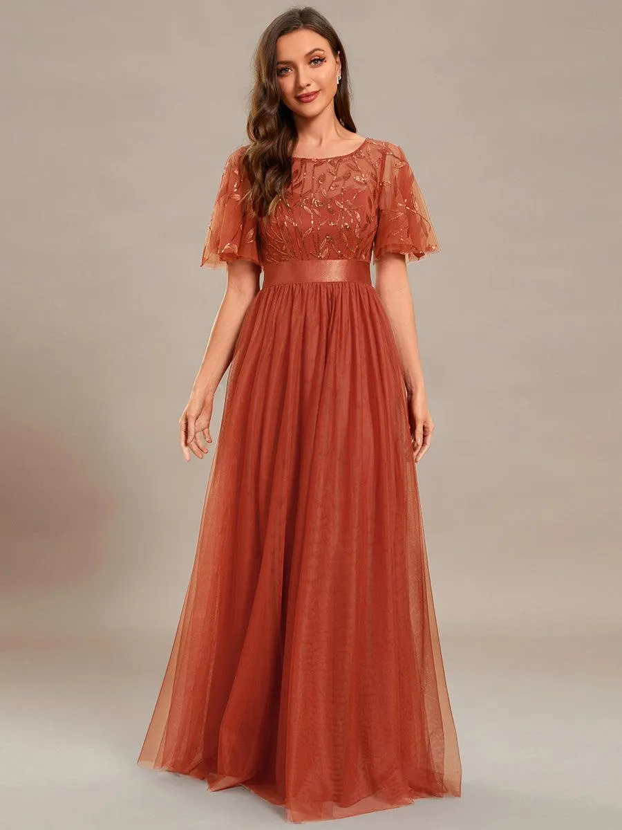 Robes de soirée brodées à manches courtes A-Line pour femmes