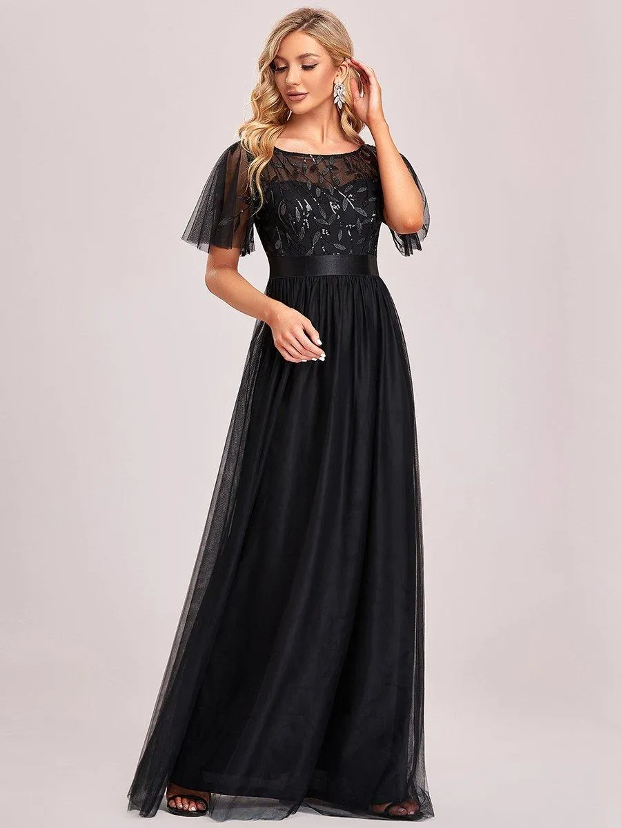 Robes de soirée brodées à manches courtes A-Line pour femmes