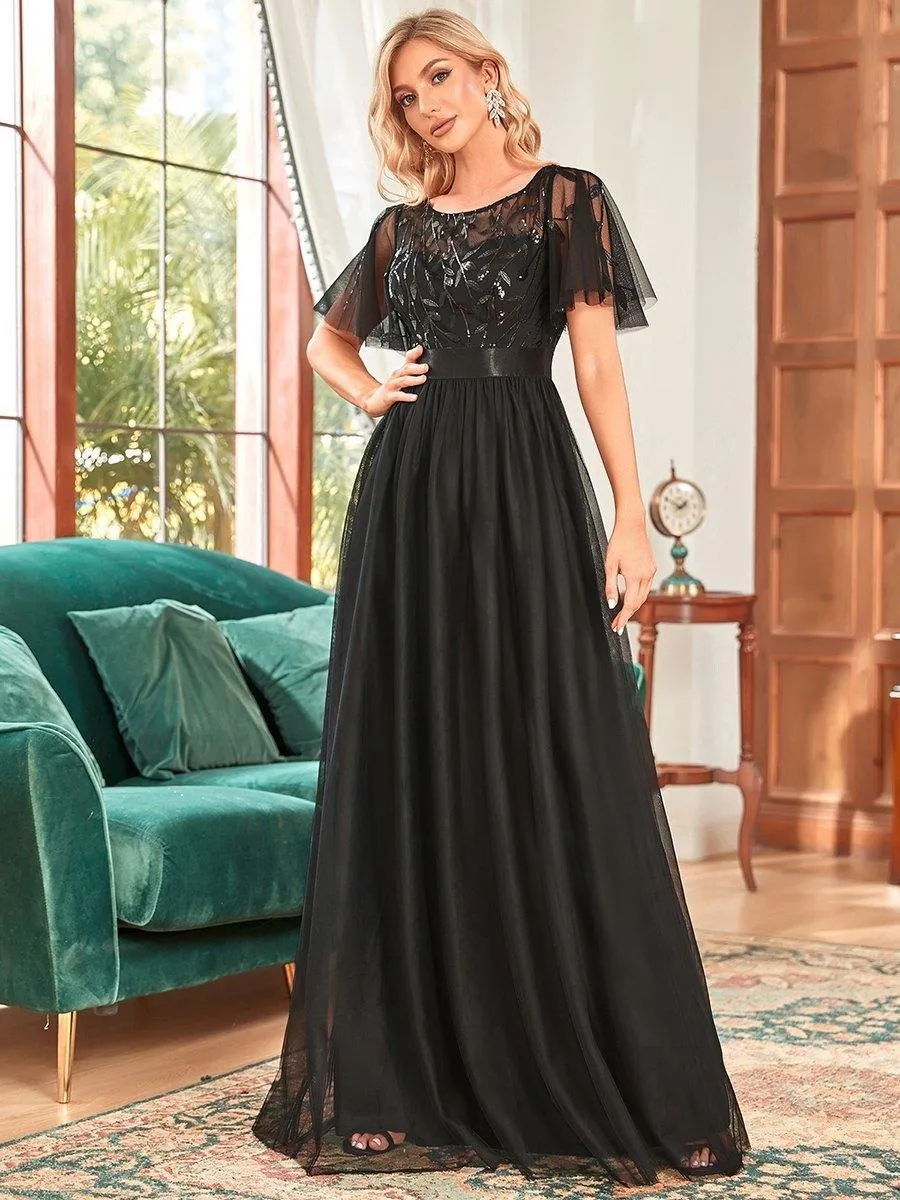 Robes de soirée brodées à manches courtes A-Line pour femmes