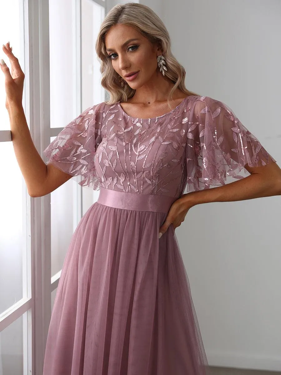 Robes de soirée brodées à manches courtes A-Line pour femmes