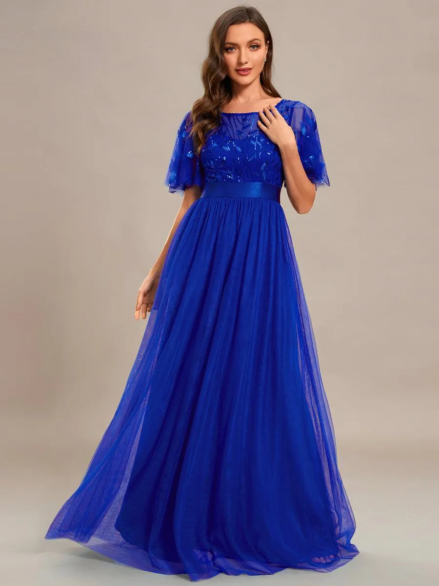 Robes de soirée brodées à manches courtes A-Line pour femmes