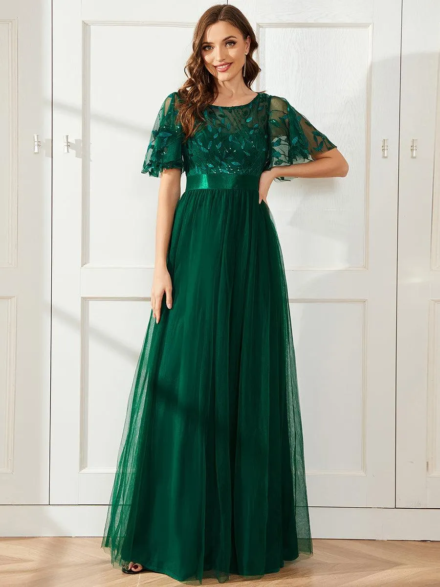 Robes de soirée brodées à manches courtes A-Line pour femmes