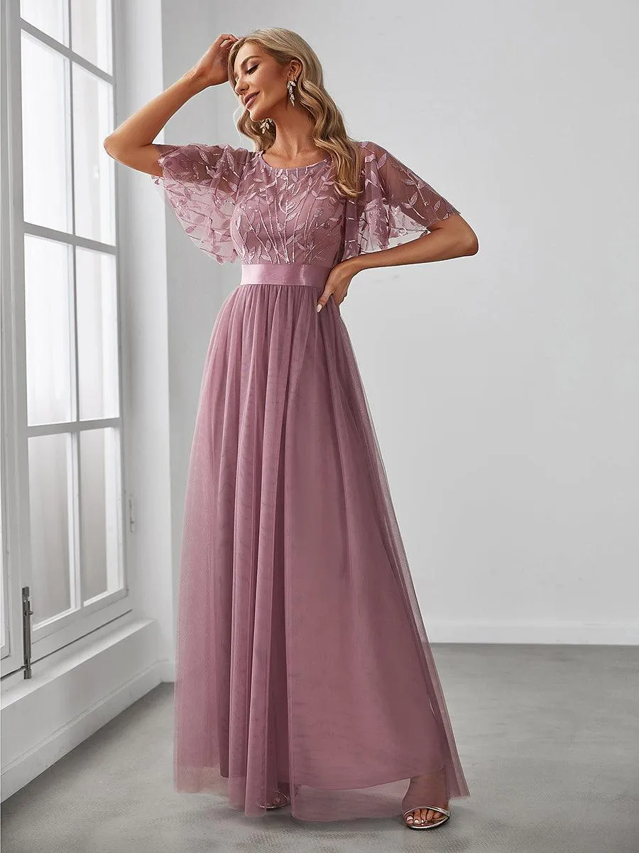 Robes de soirée brodées à manches courtes A-Line pour femmes
