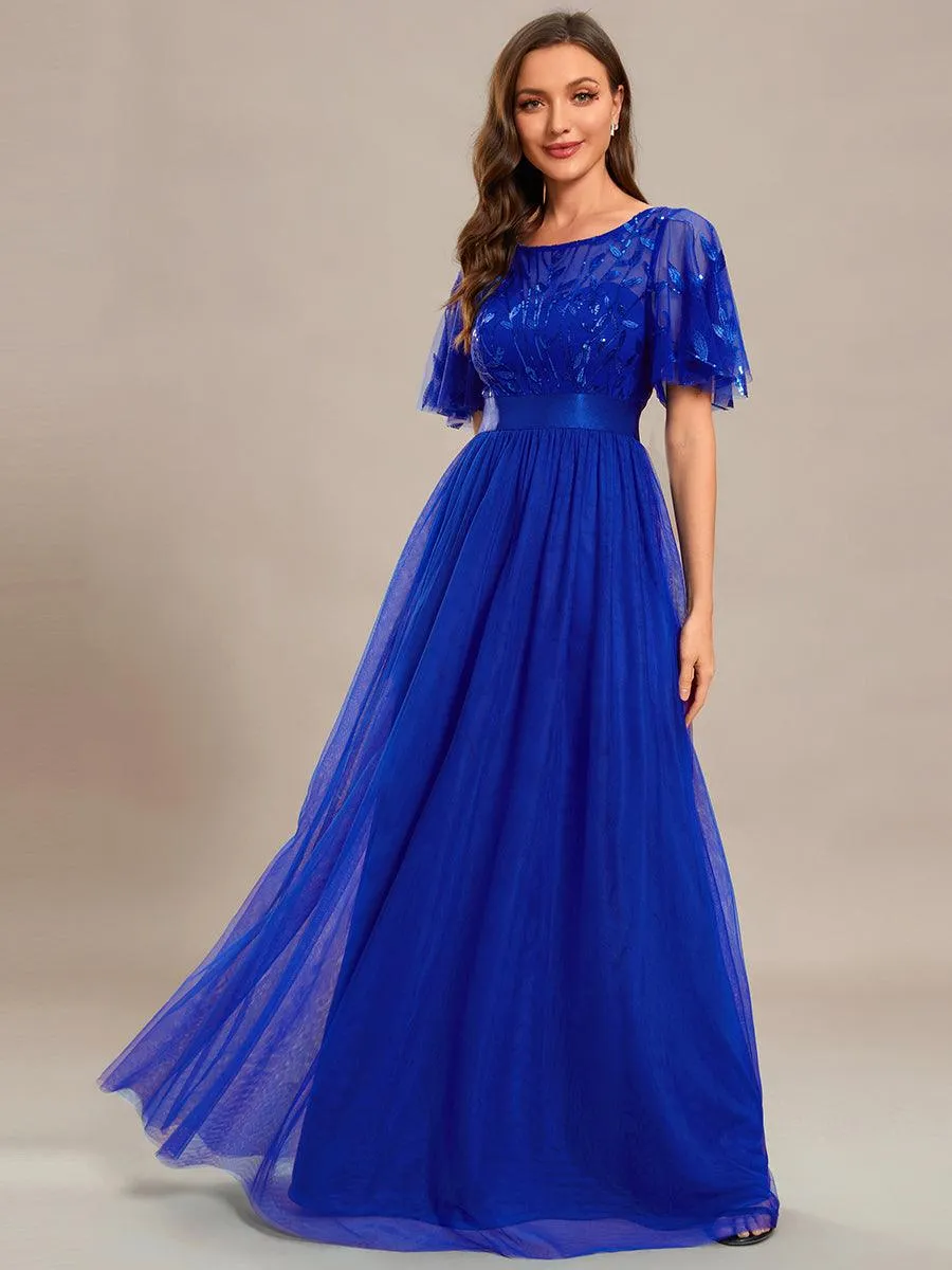 Robes de soirée brodées à manches courtes A-Line pour femmes