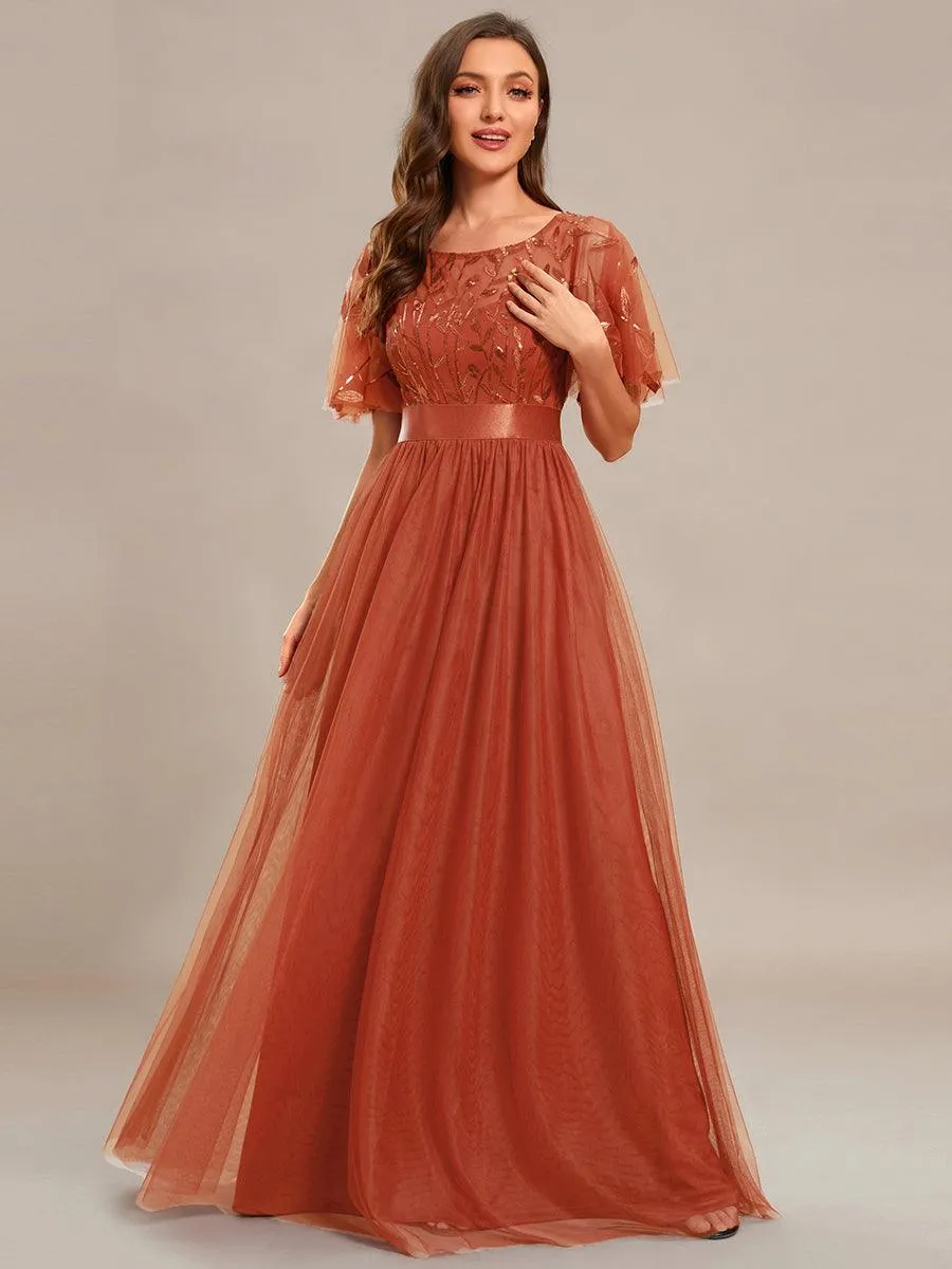 Robes de soirée brodées à manches courtes A-Line pour femmes