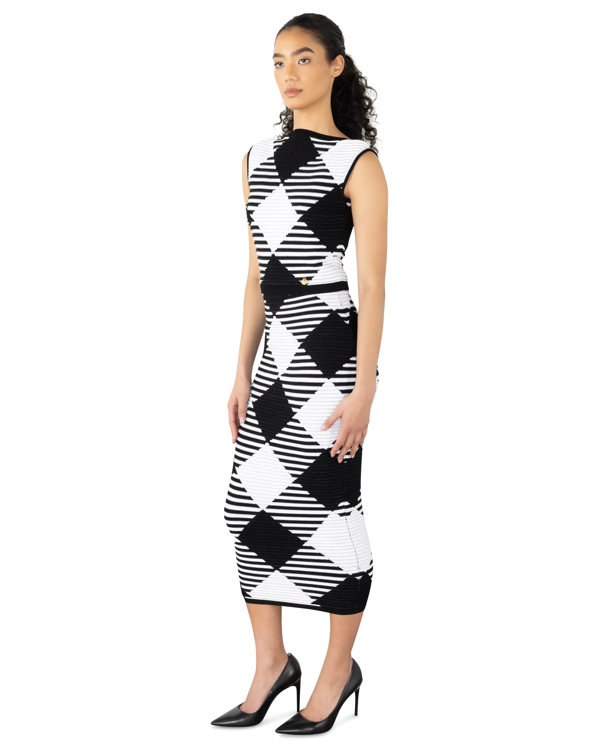 Rolled Gingham Knit Midi Skirt