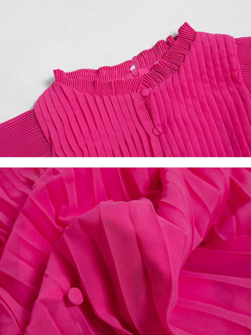 Rose Crew Neck Ruffles Pleated 1970S Vintage Dress