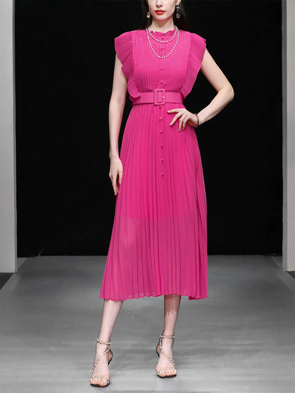 Rose Crew Neck Ruffles Pleated 1970S Vintage Dress