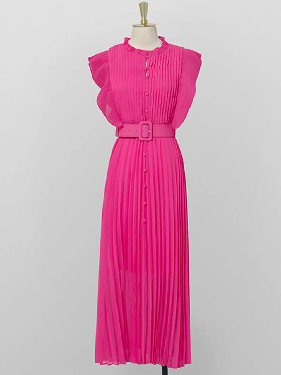 Rose Crew Neck Ruffles Pleated 1970S Vintage Dress
