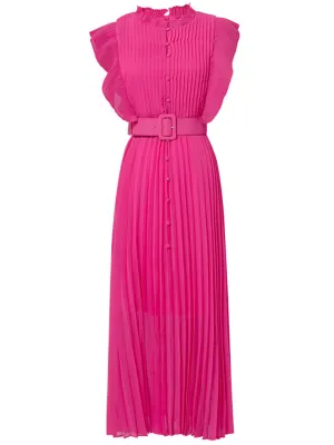 Rose Crew Neck Ruffles Pleated 1970S Vintage Dress