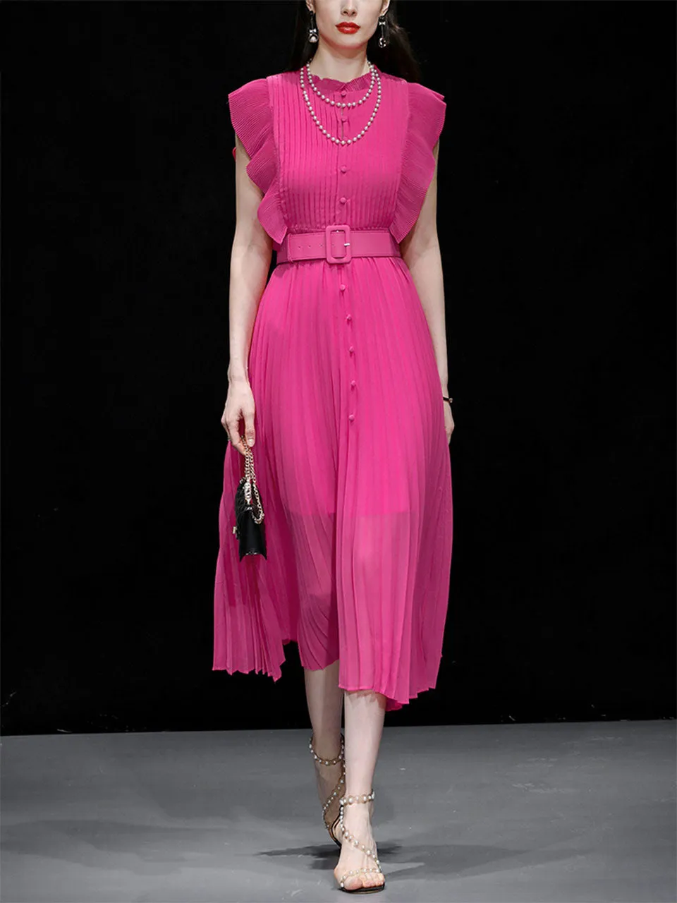 Rose Crew Neck Ruffles Pleated 1970S Vintage Dress