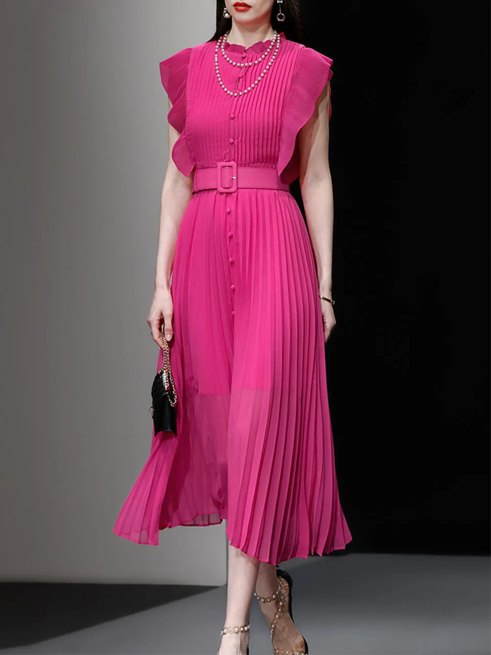 Rose Crew Neck Ruffles Pleated 1970S Vintage Dress