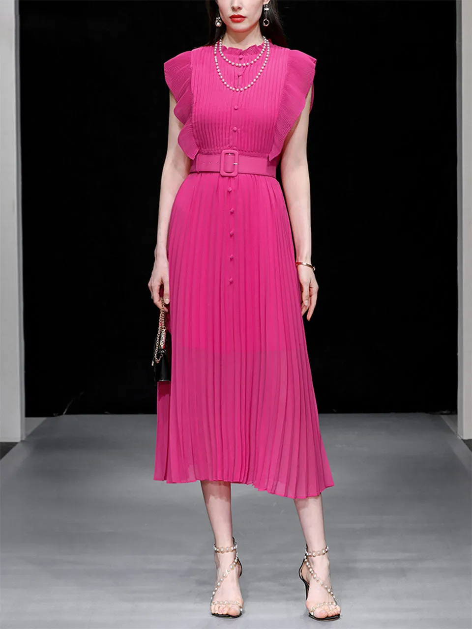 Rose Crew Neck Ruffles Pleated 1970S Vintage Dress