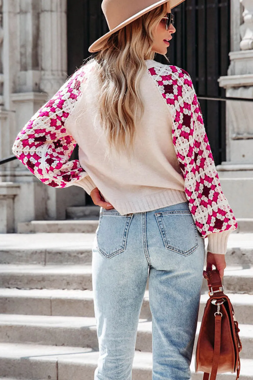 Rose Crochet Puff Sleeve Contrast Knit Sweater