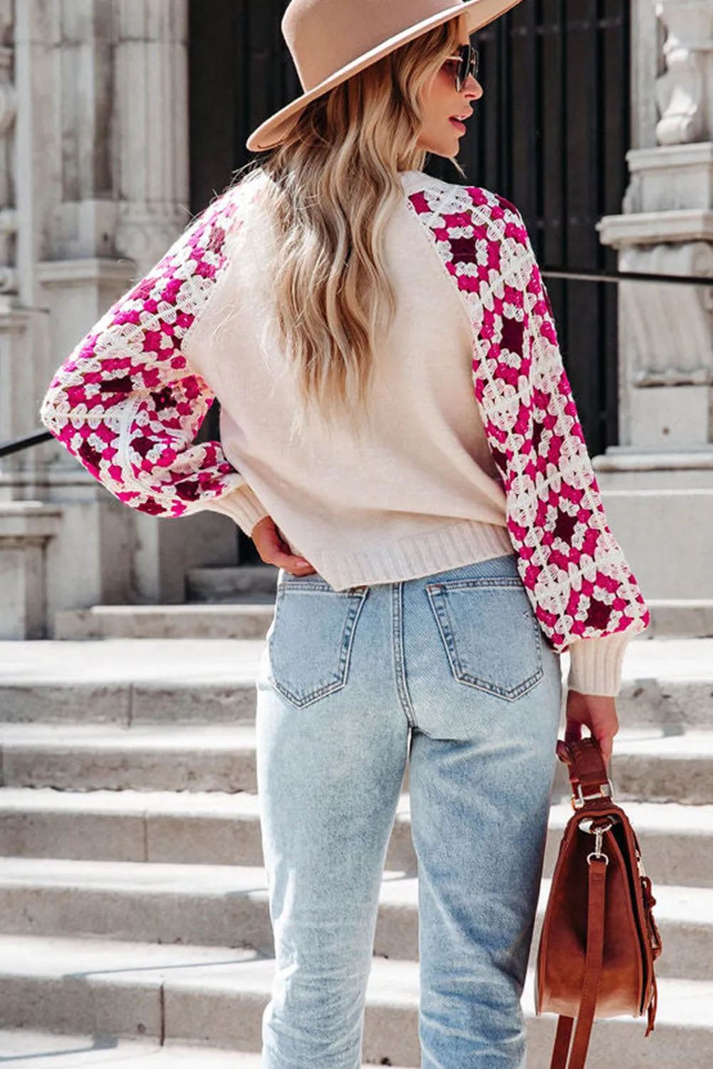 Rose Crochet Puff Sleeve Contrast Knit Sweater