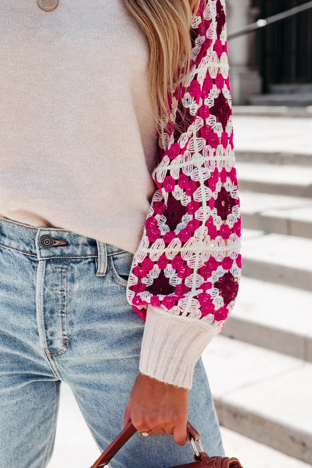 Rose Crochet Puff Sleeve Contrast Knit Sweater