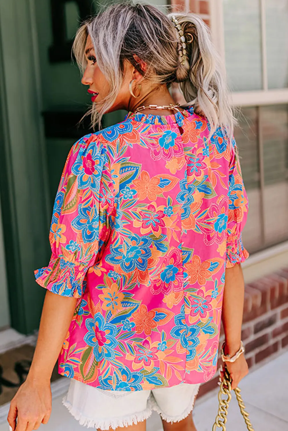 Rose Frilly Round Neck Puff Sleeve Floral Blouse