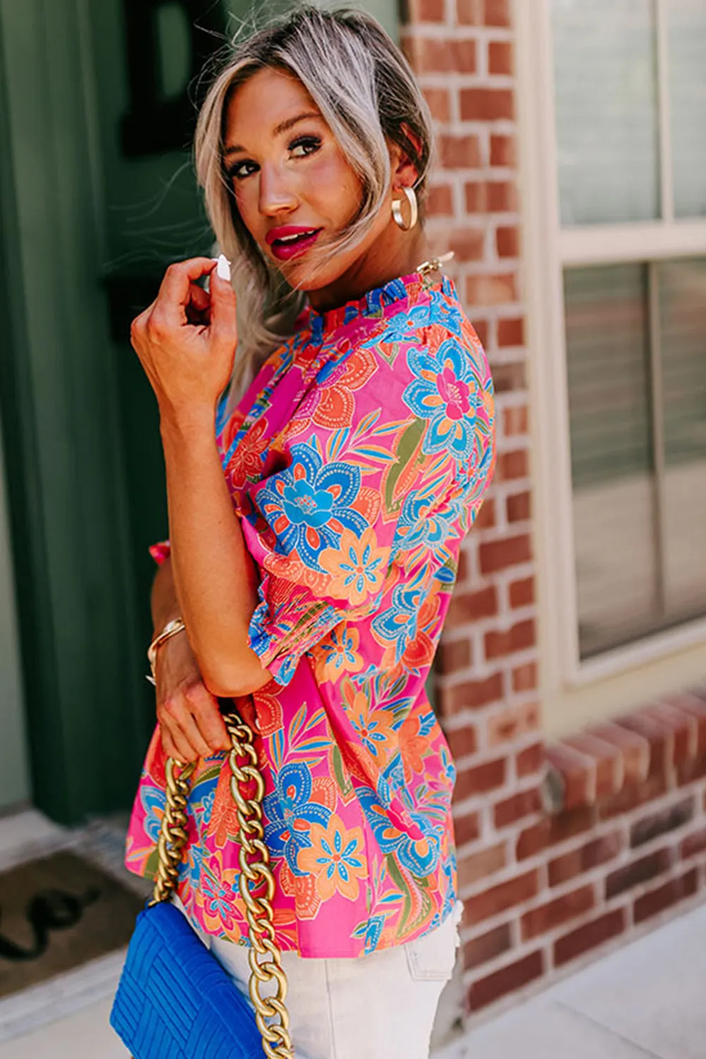 Rose Frilly Round Neck Puff Sleeve Floral Blouse