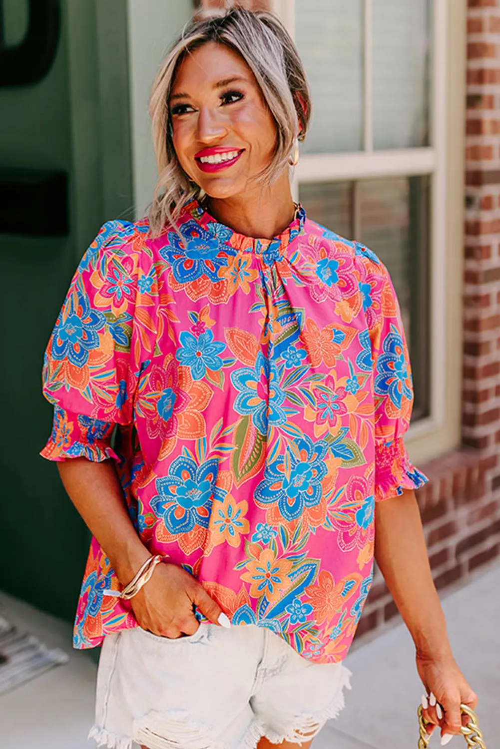 Rose Frilly Round Neck Puff Sleeve Floral Blouse