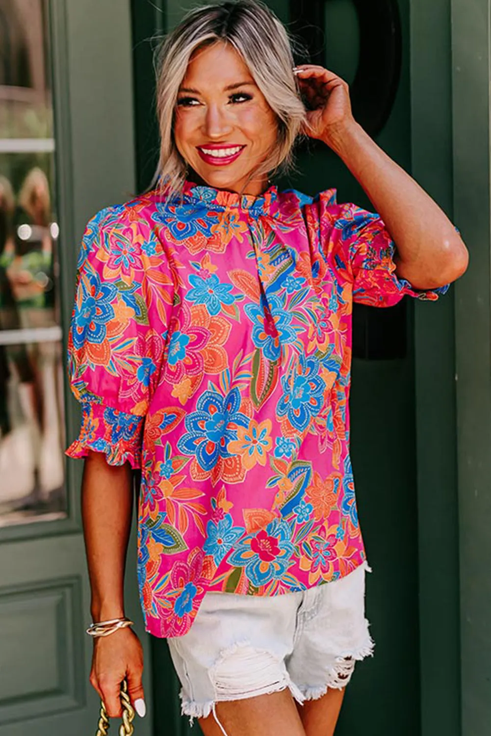 Rose Frilly Round Neck Puff Sleeve Floral Blouse