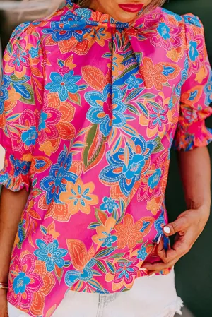 Rose Frilly Round Neck Puff Sleeve Floral Blouse