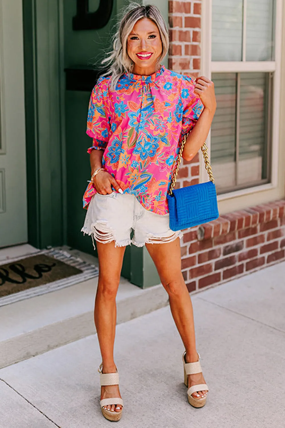 Rose Frilly Round Neck Puff Sleeve Floral Blouse