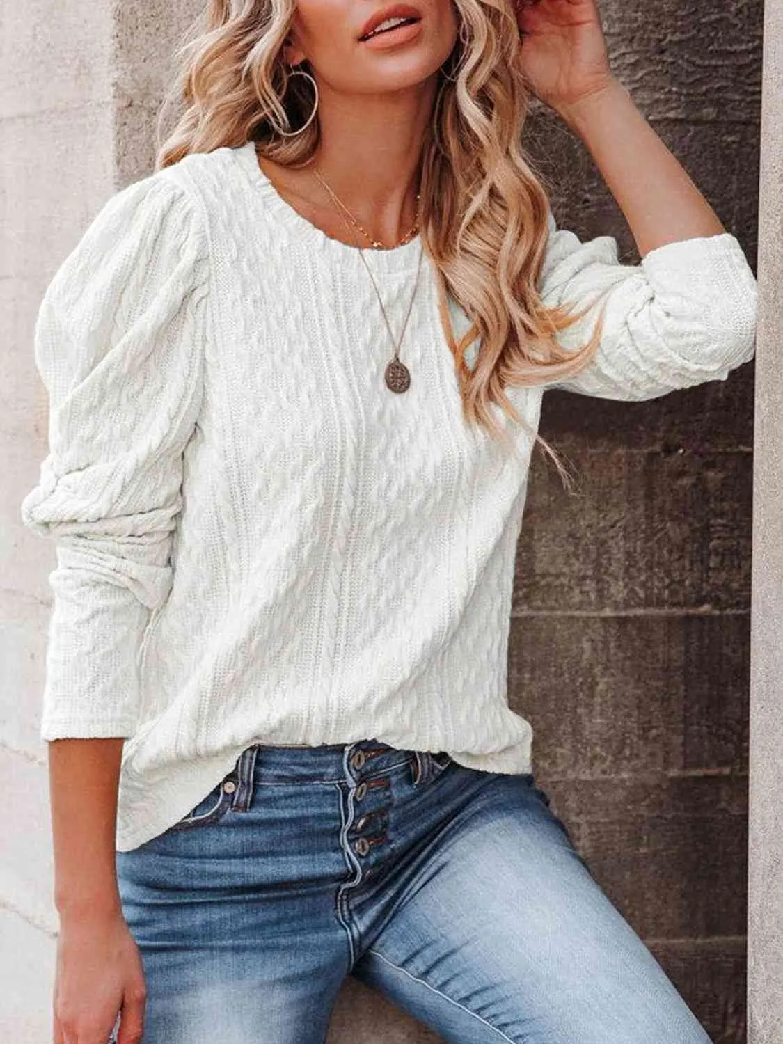 Round Neck Puff Sleeve Knit Top (5 Colors)