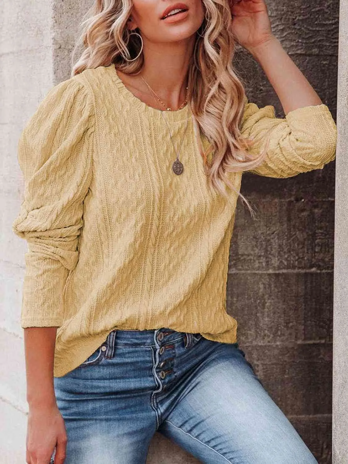 Round Neck Puff Sleeve Knit Top (5 Colors)