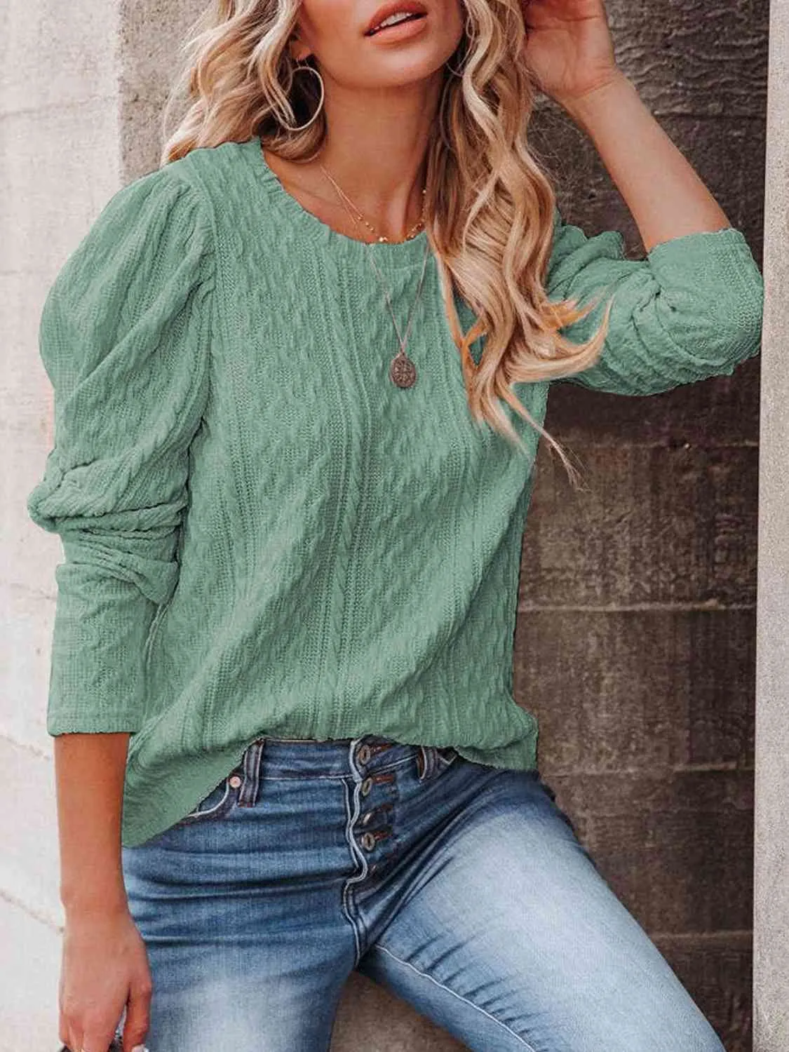 Round Neck Puff Sleeve Knit Top (5 Colors)