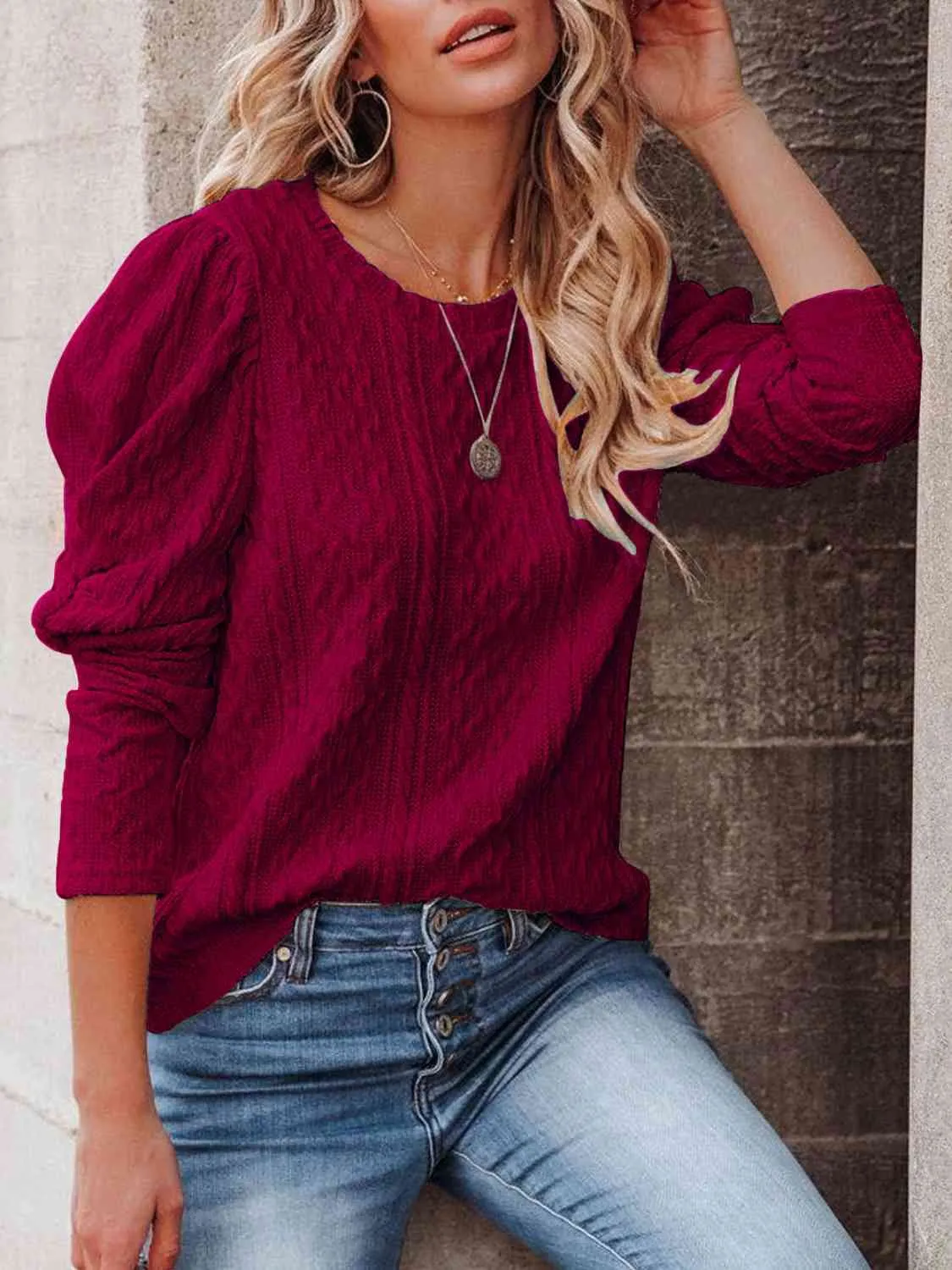 Round Neck Puff Sleeve Knit Top (5 Colors)
