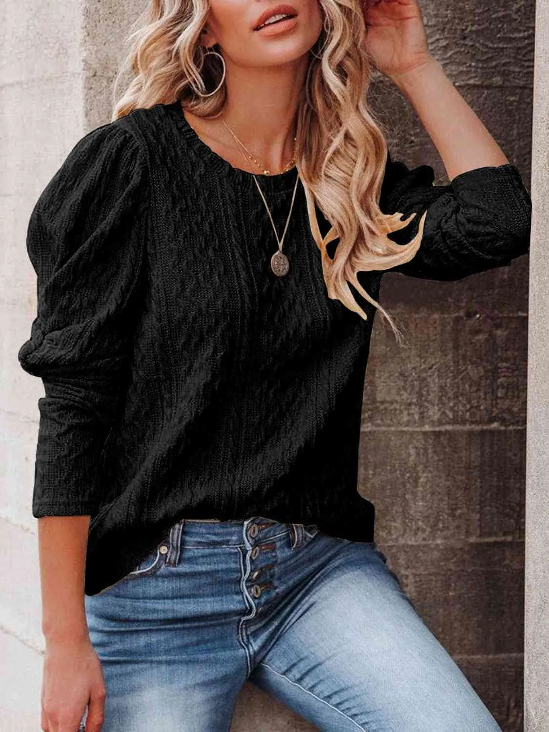 Round Neck Puff Sleeve Knit Top (5 Colors)