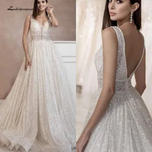 Roycebridal Lakshmigown Open Back A Line Wedding Dress 2024 Sexy Bridal Gown Plunging Wedding Gowns
