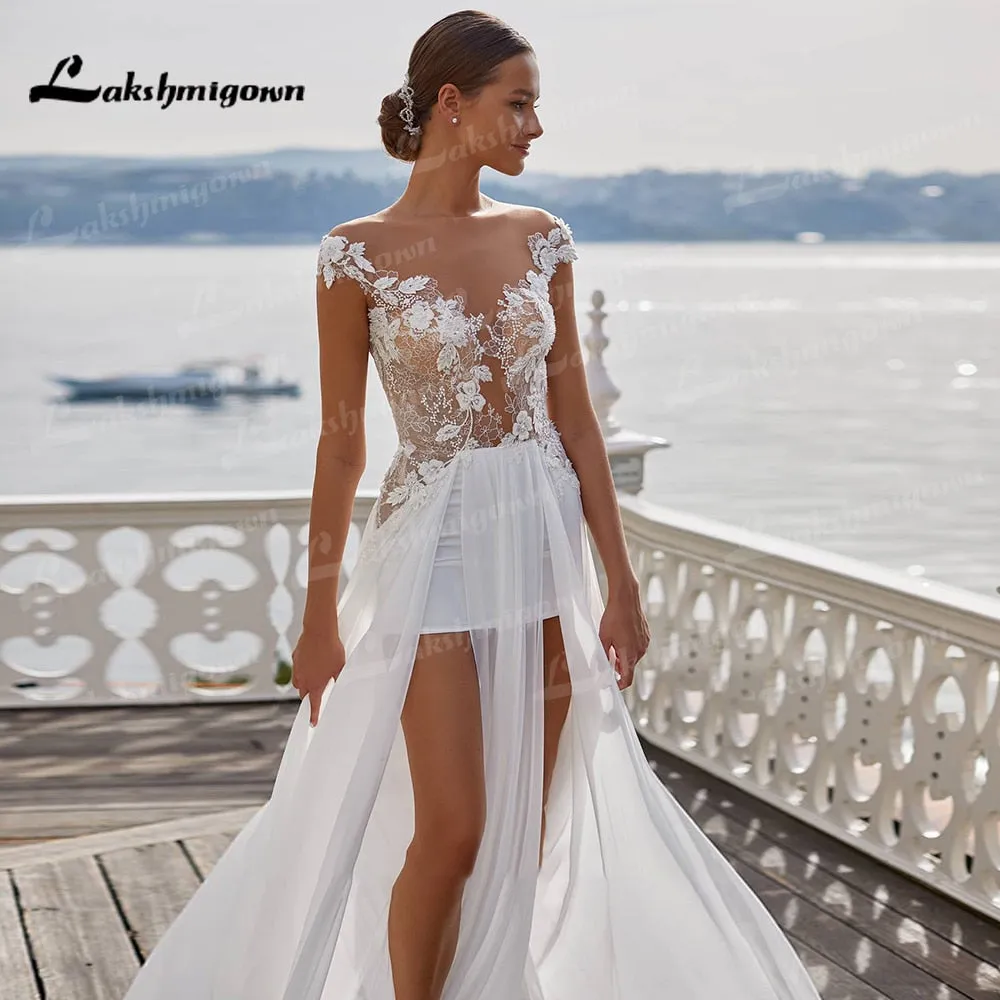 Roycebridal Sexy Beach Wedding Dresses Long Lace V-Neck Split A-Line Wedding Gowns White Backless Trouwjurken Vestido Novia