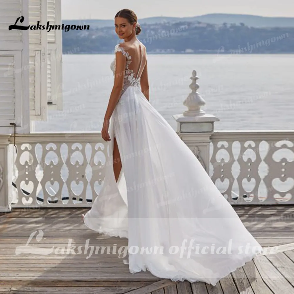 Roycebridal Sexy Beach Wedding Dresses Long Lace V-Neck Split A-Line Wedding Gowns White Backless Trouwjurken Vestido Novia
