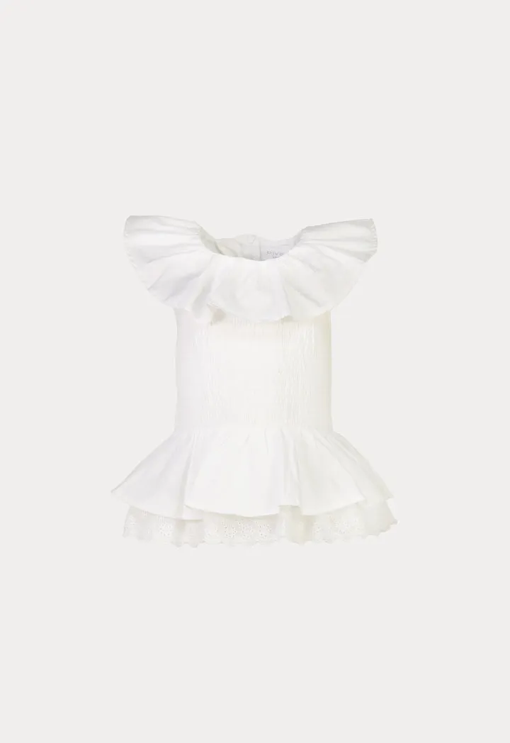 Ruffle Trim Smoking Scallop Overlay Blouse