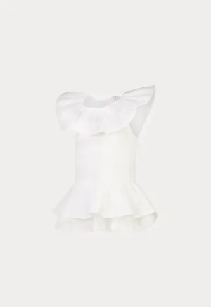 Ruffle Trim Smoking Scallop Overlay Blouse